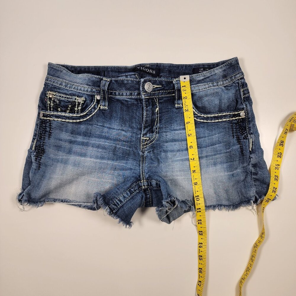 VIGOSS Heritage Fit Frayed Hem Embellished Denim‎ Shorts S 12 Thick Stitch - Picture 3 of 10